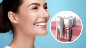 Smiling woman next to illustration of dental implant