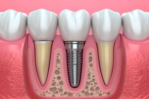 Illustration of dental implant in jawbone between natural teeth