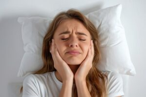 Woman resting her head on pillows, grimacing due to TMJ pain