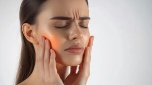 Grimacing woman dealing with TMJ disorder pain